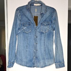 Studded Blue Strechy Denim Shirt New With Tags Size M